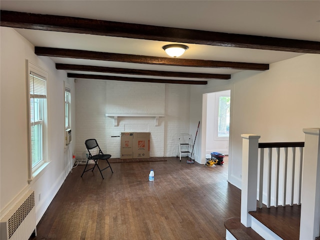 163-18 Cryders Ln, Whitestone, NY 11357 - hall featuring wood finished floors, beamed ceiling, and radiator