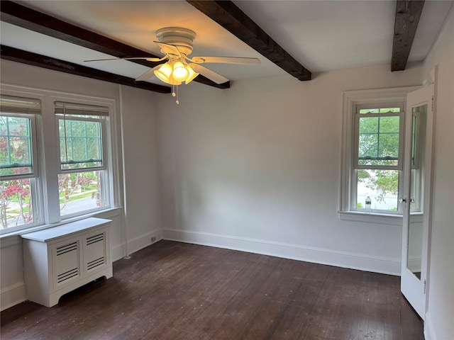 163-18 Cryders Ln, Whitestone, NY 11357 - spare room featuring beamed ceiling, dark wood-type flooring, healthy amount of natural light, and a ceiling fan