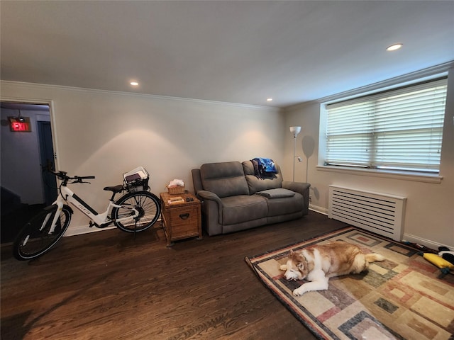 79 N Broadway Unit H, White Plains, NY 10603 - living area featuring radiator, wood finished floors, baseboards, ornamental molding, and recessed lighting