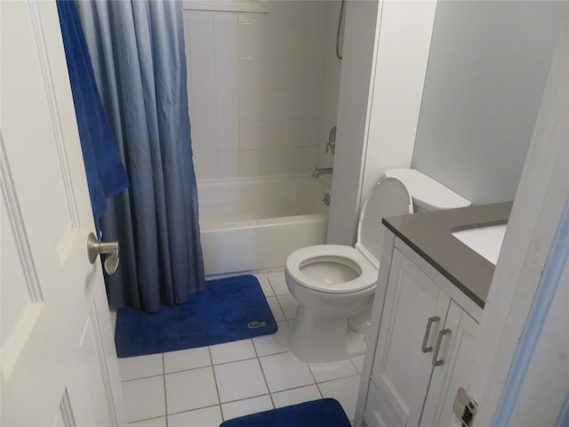 bathroom featuring tile patterned flooring, toilet, shower / bath combination with curtain, and vanity