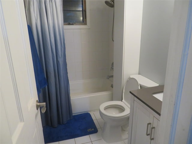 full bathroom featuring shower / bath combination with curtain, tile patterned floors, toilet, and vanity