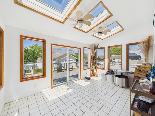 unfurnished sunroom with a skylight and lofted ceiling