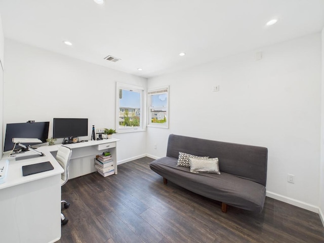 office area with wood finished floors, baseboards, and recessed lighting