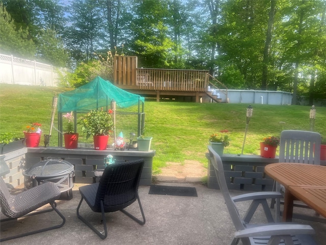 8 Windmill Ln, New City, NY 10956 - view of green lawn featuring a wooden deck, a patio, outdoor dining space, a pool, and stairway