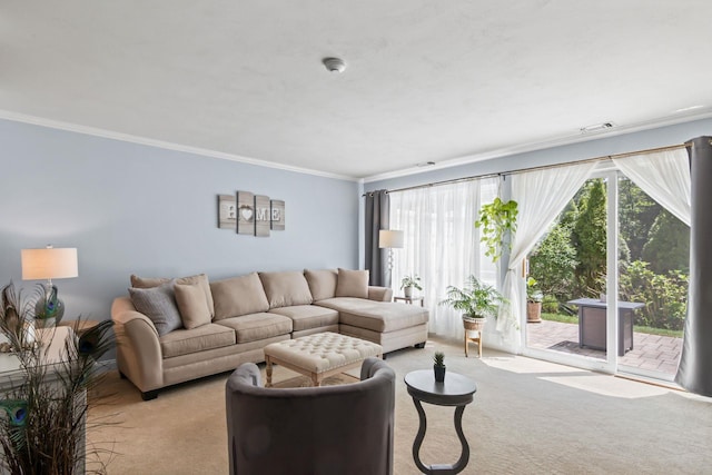 living area with light colored carpet, ornamental molding, and plenty of natural light