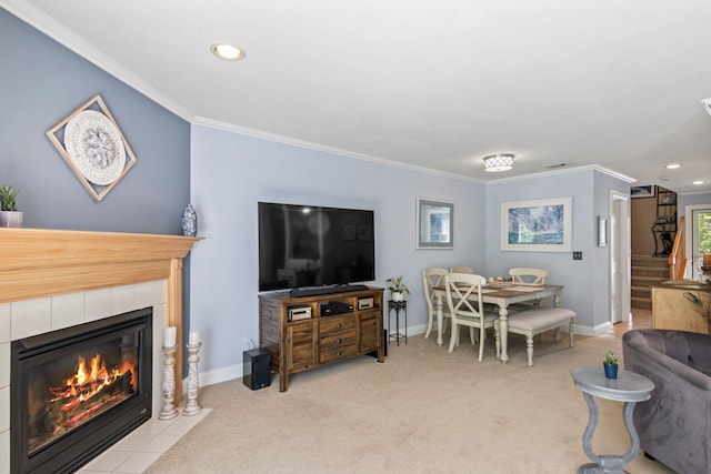 living room with crown molding, baseboards, a fireplace, carpet floors, and recessed lighting