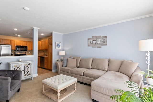 living area with crown molding, recessed lighting, light colored carpet, and baseboards