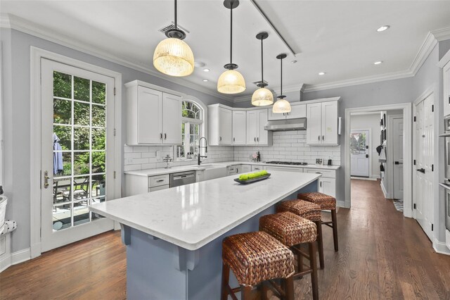 2 Cerf Ln, Mount Kisco, NY 10549 - kitchen with appliances with stainless steel finishes, a sink, healthy amount of natural light, ornamental molding, and decorative backsplash