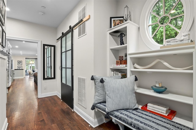 2 Cerf Ln, Mount Kisco, NY 10549 - hall with a barn door, dark wood-type flooring, baseboards, and recessed lighting