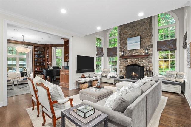 2 Cerf Ln, Mount Kisco, NY 10549 - living room featuring ornamental molding, a fireplace, dark wood-type flooring, baseboards, and recessed lighting