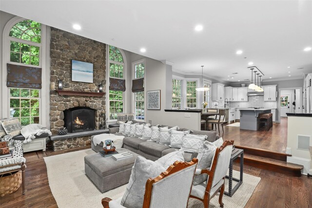 2 Cerf Ln, Mount Kisco, NY 10549 - living room featuring healthy amount of natural light, dark wood-style flooring, a stone fireplace, recessed lighting, and crown molding