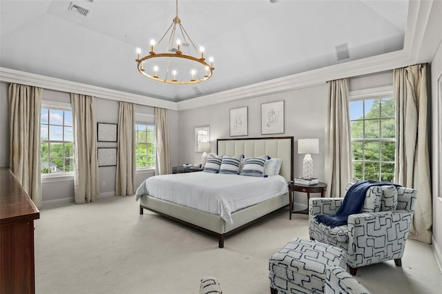 2 Cerf Ln, Mount Kisco, NY 10549 - carpeted bedroom featuring a chandelier, multiple windows, a tray ceiling, and lofted ceiling