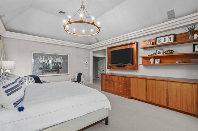 2 Cerf Ln, Mount Kisco, NY 10549 - bedroom featuring a chandelier, light carpet, and high vaulted ceiling