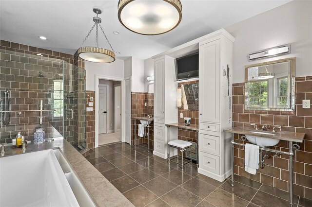 2 Cerf Ln, Mount Kisco, NY 10549 - full bath with tile walls, tile patterned floors, a shower stall, recessed lighting, and a wainscoted wall