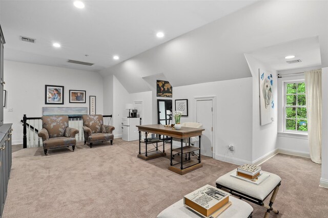 2 Cerf Ln, Mount Kisco, NY 10549 - living room with light carpet, recessed lighting, baseboards, and lofted ceiling