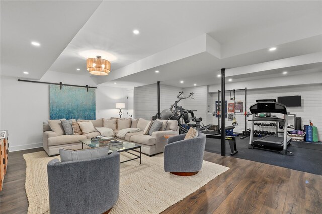 2 Cerf Ln, Mount Kisco, NY 10549 - living area featuring a barn door, dark wood-style floors, recessed lighting, and baseboards