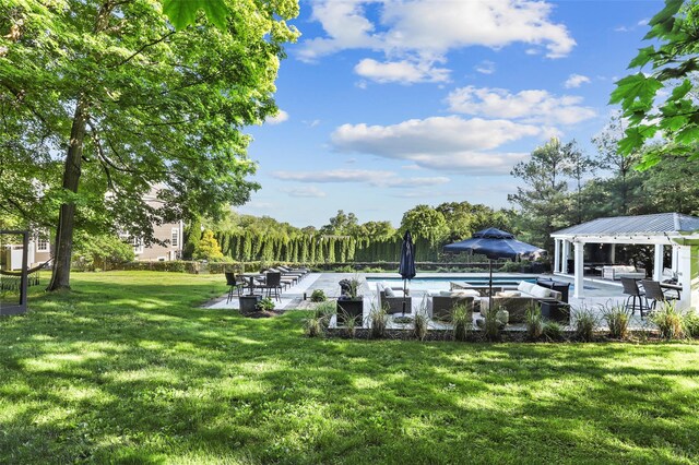 2 Cerf Ln, Mount Kisco, NY 10549 - view of green lawn featuring a patio, an outdoor pool, and a gazebo