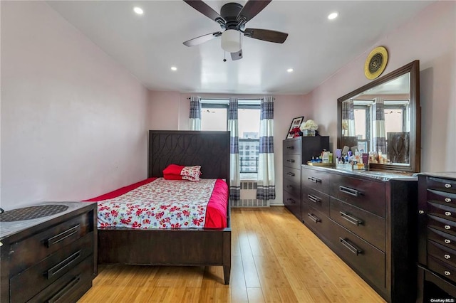 bedroom featuring light wood-style floors, recessed lighting, and ceiling fan