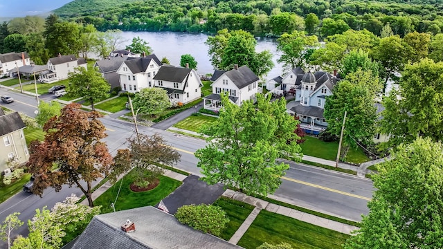 aerial view of residential area with a large body of water and a heavily wooded area