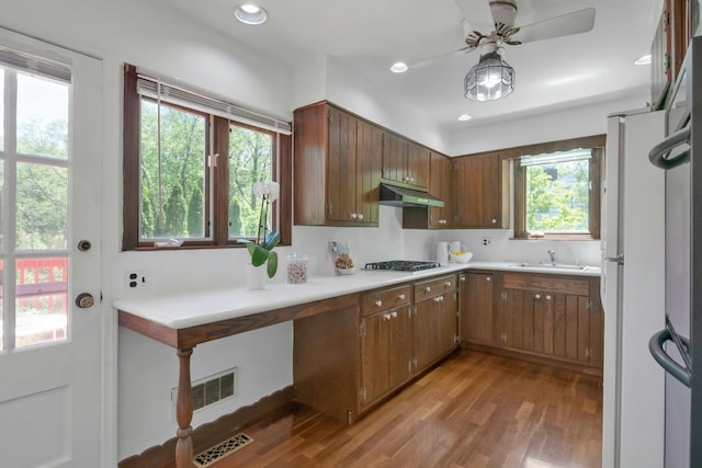40 Brookby Rd, Scarsdale, NY 10583 - kitchen with under cabinet range hood, gas cooktop, light wood-style flooring, light countertops, and ceiling fan
