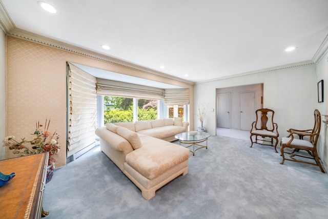 1 Karin Ct, East Northport, NY 11731 - living room featuring crown molding, carpet, and recessed lighting