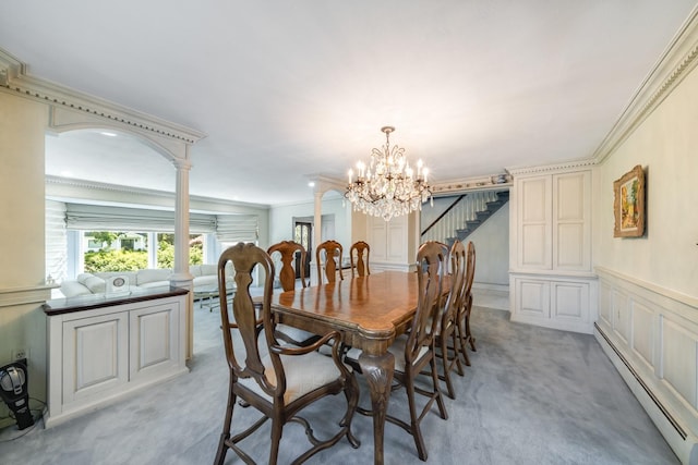 1 Karin Ct, East Northport, NY 11731 - dining space with a baseboard heating unit, light colored carpet, a chandelier, a decorative wall, and stairs
