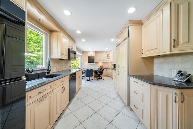 1 Karin Ct, East Northport, NY 11731 - kitchen with black appliances, recessed lighting, decorative backsplash, light tile patterned floors, and dark stone countertops