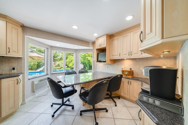 1 Karin Ct, East Northport, NY 11731 - kitchen with backsplash, light tile patterned floors, recessed lighting, dark stone counters, and light brown cabinets