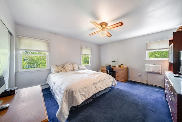 1 Karin Ct, East Northport, NY 11731 - bedroom featuring multiple windows, a baseboard radiator, dark carpet, and ceiling fan