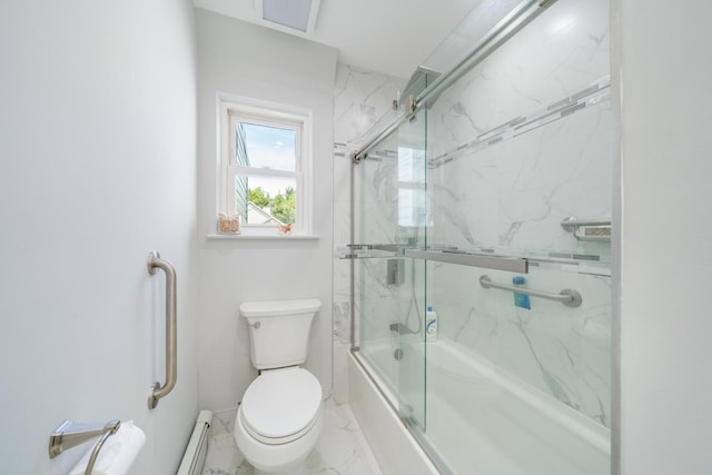 1 Karin Ct, East Northport, NY 11731 - full bath with marble finish floors, toilet, shower / bath combination with glass door, and baseboard heating