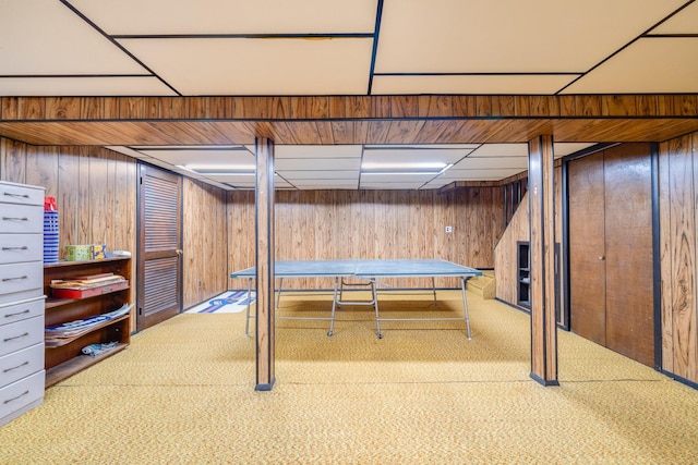 1 Karin Ct, East Northport, NY 11731 - game room with carpet, wooden walls, and a paneled ceiling