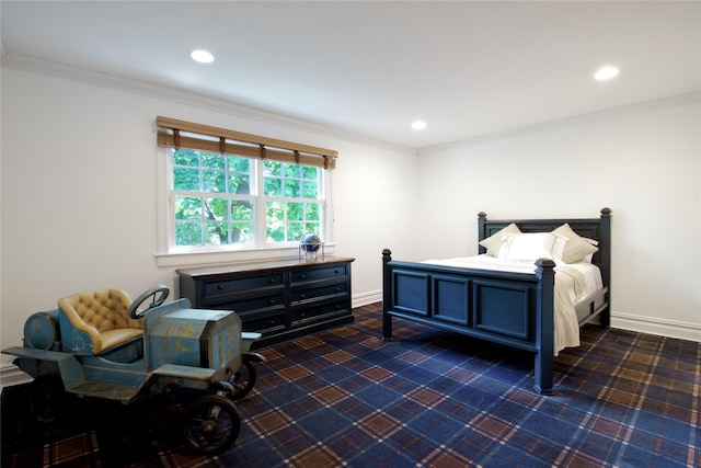 bedroom with recessed lighting, dark carpet, ornamental molding, and baseboards