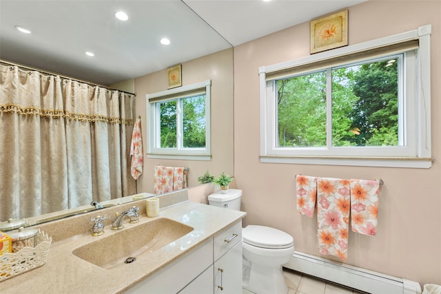 8 Wichard Blvd, Commack, NY 11725 - bathroom with a baseboard radiator, vanity, tile patterned floors, toilet, and recessed lighting