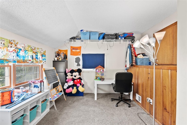 31 Wagon Ln E, Centereach, NY 11720 - carpeted home office featuring a textured ceiling and lofted ceiling