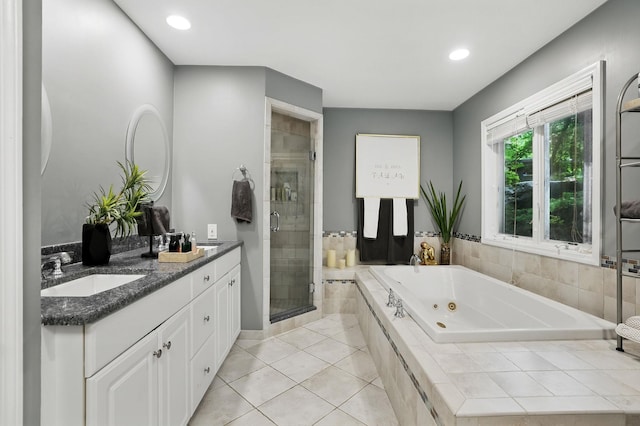 12 Rockridge Rd, Ardsley, NY 10502 - full bath featuring a shower stall, a jetted tub, double vanity, recessed lighting, and tile patterned floors