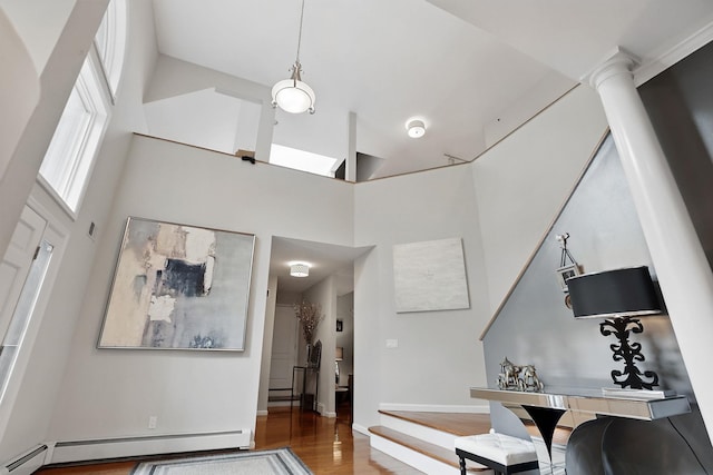 12 Rockridge Rd, Ardsley, NY 10502 - entryway with baseboard heating, a towering ceiling, wood finished floors, and baseboards