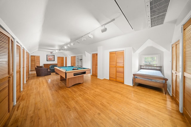 681 W 231st St, Bronx, NY 10463 - rec room with pool table, light wood finished floors, rail lighting, lofted ceiling, and a ceiling fan