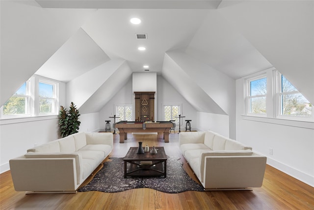 30 Huntting Ln, East Hampton, NY 11937 - living room featuring plenty of natural light, wood finished floors, pool table, lofted ceiling, and baseboards