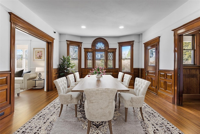 30 Huntting Ln, East Hampton, NY 11937 - dining area featuring wainscoting, wood finished floors, and recessed lighting