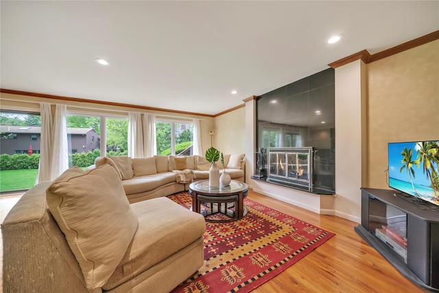 4 Bobby Close, Mamaroneck, NY 10543 - living area with ornamental molding, a fireplace, light wood-type flooring, baseboards, and recessed lighting