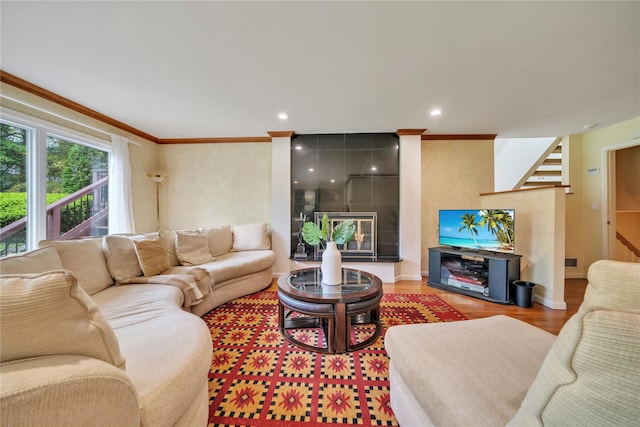 4 Bobby Close, Mamaroneck, NY 10543 - living room with stairs, ornamental molding, wood finished floors, recessed lighting, and baseboards
