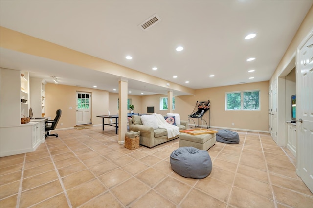 4 Bobby Close, Mamaroneck, NY 10543 - living room with light tile patterned floors, recessed lighting, plenty of natural light, a desk, and baseboards