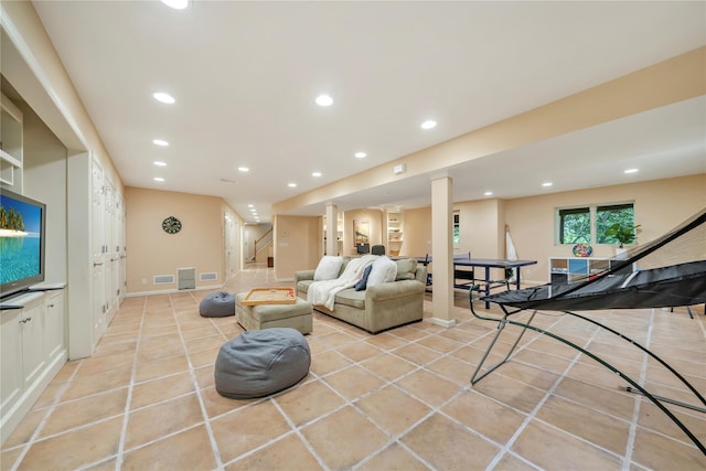 4 Bobby Close, Mamaroneck, NY 10543 - living area with stairway, light tile patterned flooring, recessed lighting, and baseboards