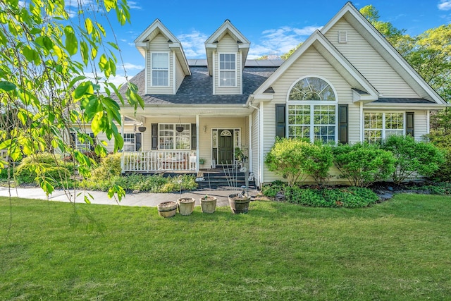 7 Martingale Ct, East Setauket, NY 11733 - rear view of property featuring covered porch, roof mounted solar panels, a lawn, and roof with shingles