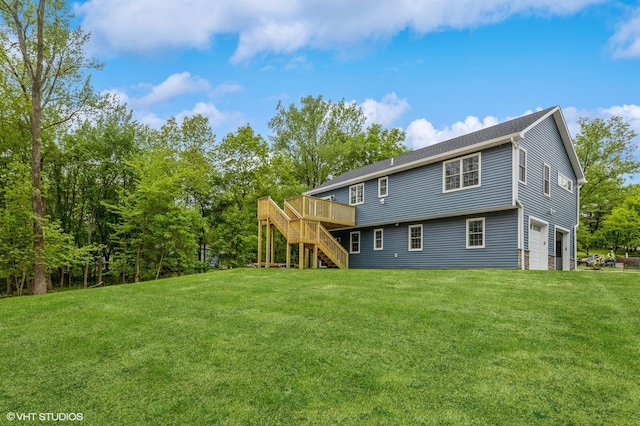 6 Reina Ct, Valley Cottage, NY 10989 - rear view of house with stairs, a deck, an attached garage, and a yard