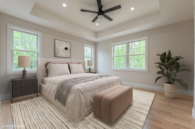 6 Reina Ct, Valley Cottage, NY 10989 - bedroom with a raised ceiling, baseboards, light wood-type flooring, recessed lighting, and ceiling fan
