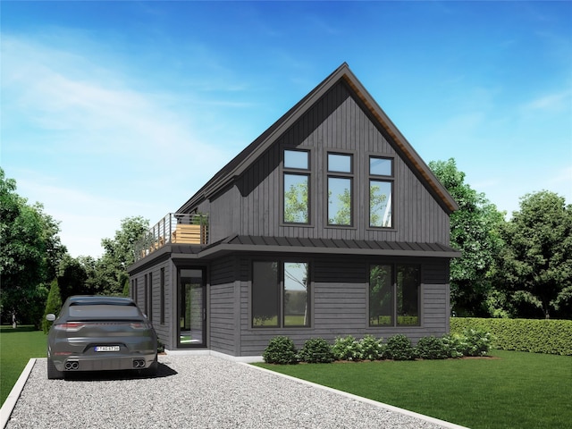 view of home's exterior with a balcony, a yard, metal roof, a standing seam roof, and board and batten siding