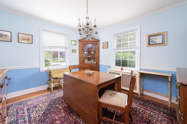 19 Reynal Rd, White Plains, NY 10605 - office featuring radiator, a chandelier, wood finished floors, crown molding, and baseboards