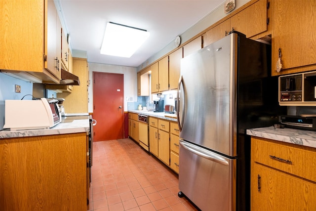 19 Reynal Rd, White Plains, NY 10605 - kitchen featuring freestanding refrigerator, dishwashing machine, under cabinet range hood, and light countertops