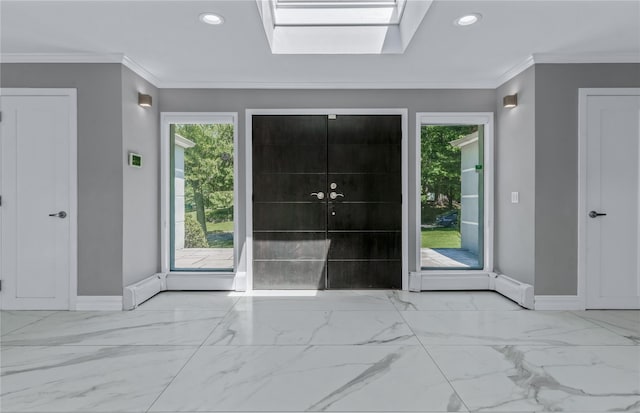 11 Faulkner Ln, Dix Hills, NY 11746 - foyer with baseboards, marble finish flooring, plenty of natural light, recessed lighting, and a skylight